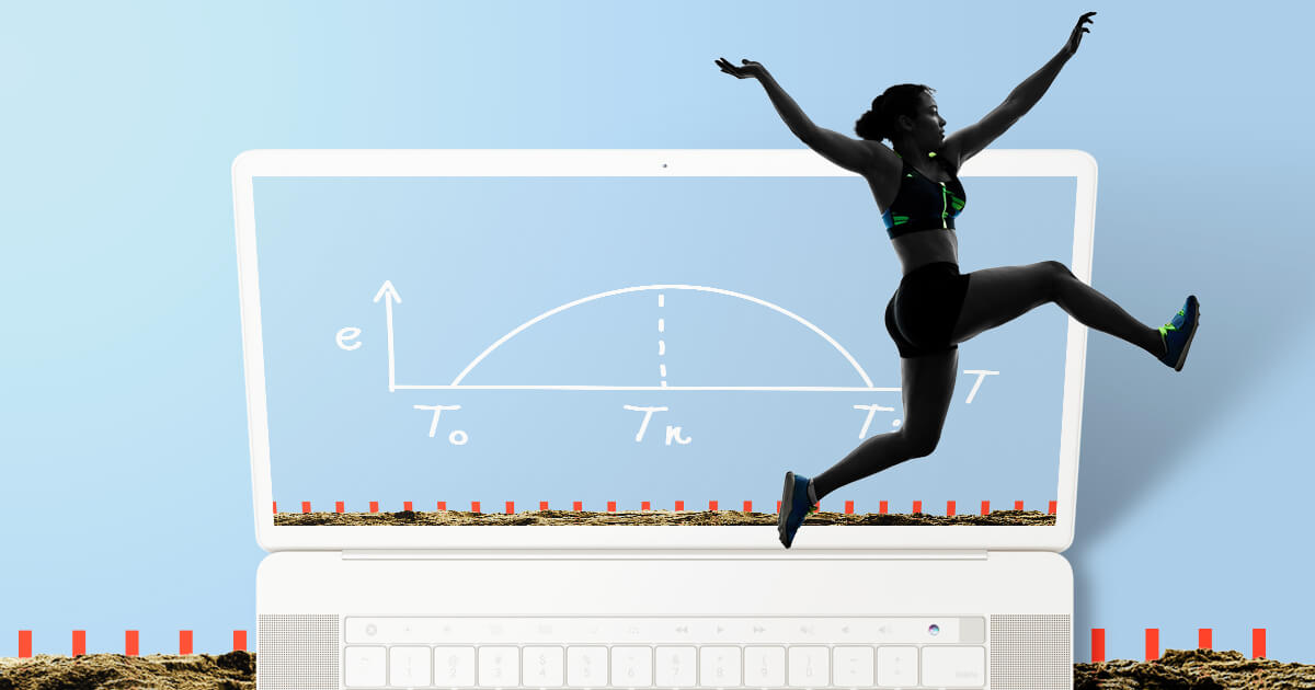 woman does long jump in front of computer