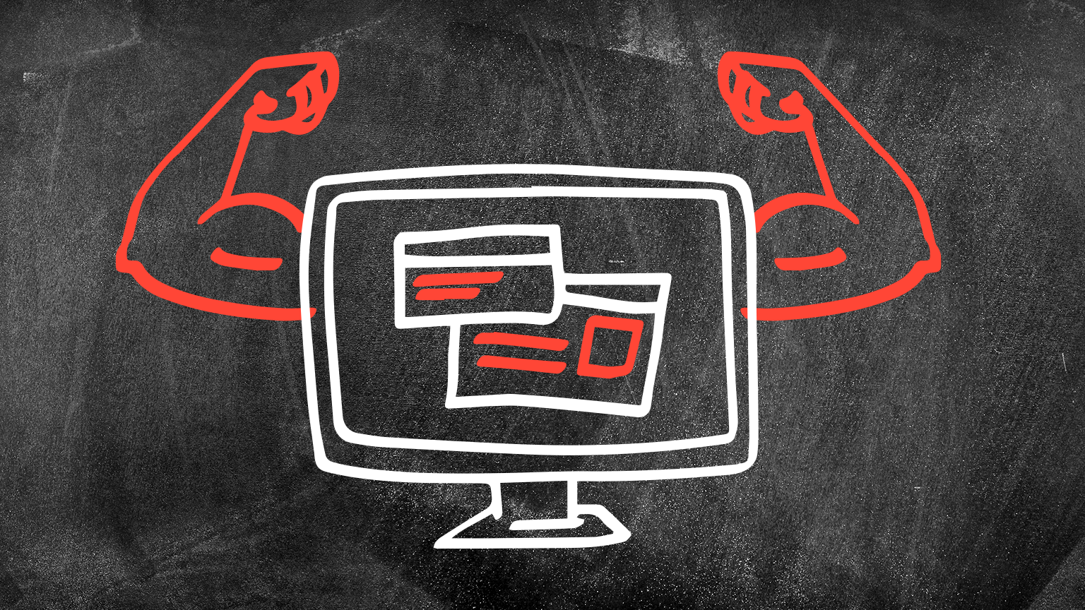 chalkboard drawing of computer with muscles